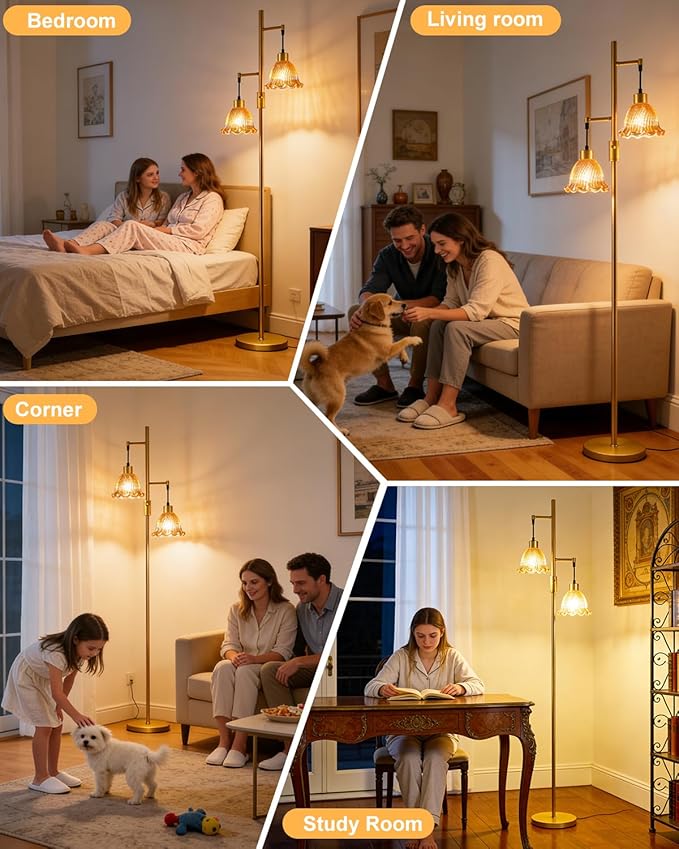 65IN Glass Floor Lamp, 2-Light Gold Tall Standing Lamps Dimmable with Brown Glass Lampshade, 3000K Warmwhite Mid Century Modern Floor Lamp for Living Room/Bedroom/Sofa Beside/Home Decor