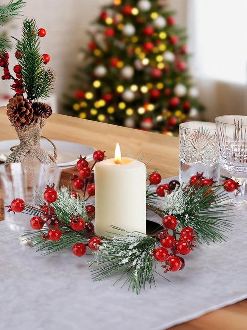 Christmas Candle Rings - Decorative Wreath Garland for 3" Dia Pillar Candles | Artificial Red Berries