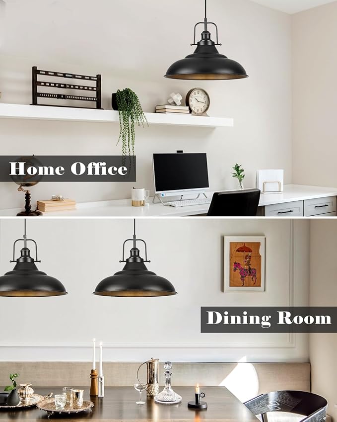 Black Pendant Light Kitchen Island,16 Inch Large Industrial Pendant Lights, Matte Black Pendant Lights, Vintage Farmhouse Pendant Light for Kitchen Island, Dining Room, Hallway (2 Pack)