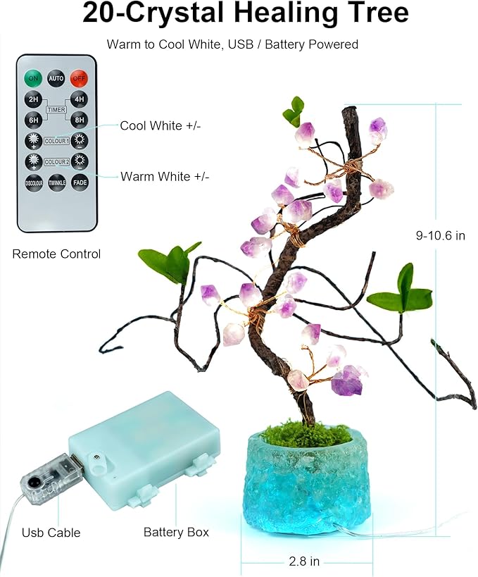 BOHON 10.6" Crystal Tree of Life Night Light with Remote & Timer, USB/Battery Powered, Adjustable Warm to Cool White, Healing Stone Decor, Unique Gift for Women, Housewarming, Birthday