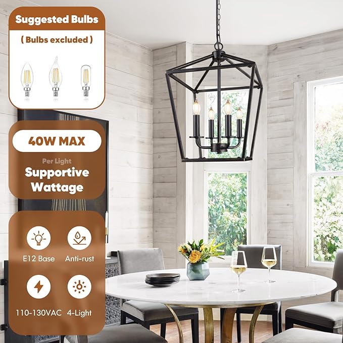 Farmhouse Chandelier 4-Light, Black & Gold Pendant Light Fixture for Kitchen Island Dining Room, Lantern Industrial Lighting Ceiling Hanging with Metal Cage Adjustable Height for Entryway Foyer