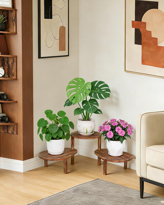 Jotboom Convex Corner Plant Stand Indoor Outdoor, Wood Adjustable Plant Shelf, Long Flower Stand for Small Apartment Living Room Balcony, Carbonized Color