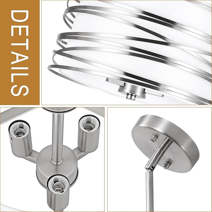 12.6'' Brushed Nickel Drum Chandelier, 3-Lights Hanging Dining Room Light Fixtures Over Table, Simple Round Pendant Lighting for Kitchen Island Hallway Bedroom Foyer Bathroom Office