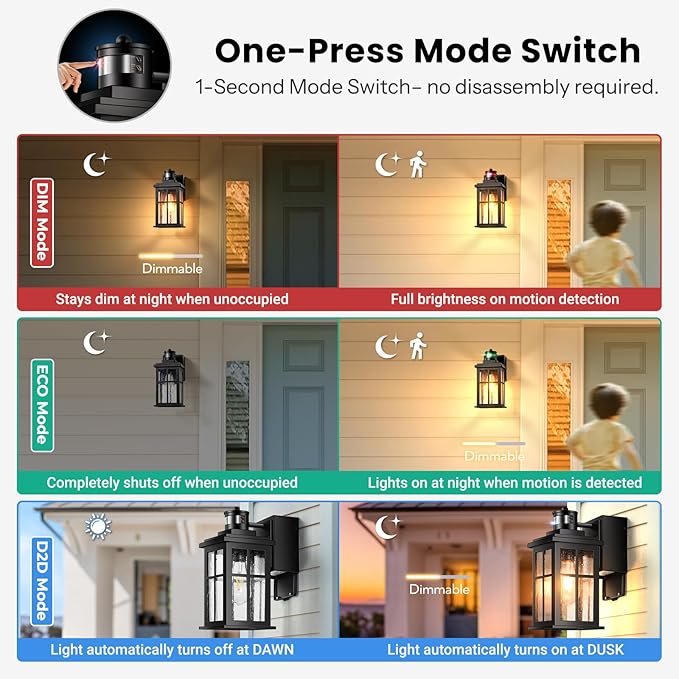 Gleamz Motion Sensor Outdoor Porch Light with GFCI Outlet, Modern Black Exterior Lighting Fixtures Wall Mount for House, Anti-Rust Waterproof Dusk to Dawn Outdoor Wall Sconce Lantern for Garage, Coach