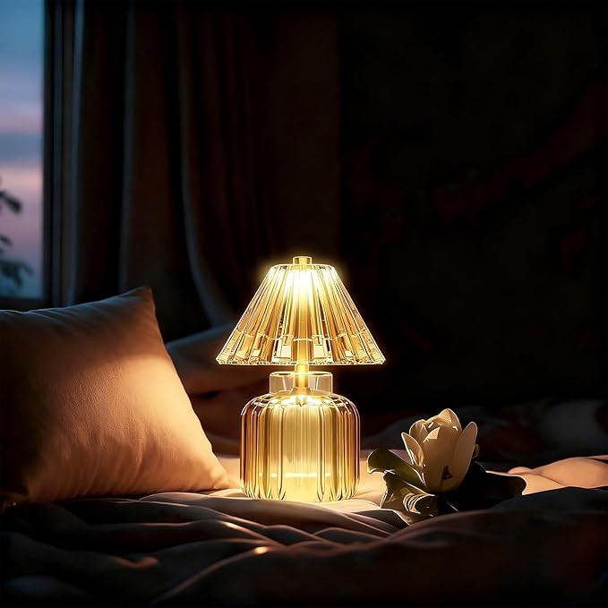 Small Battery Operated Lamp with Timer, Tiny Cordless Glass Table Lamp for Home Decor, Kitchen, Bathroom, Birthday Gift for Women, Jelly Amber
