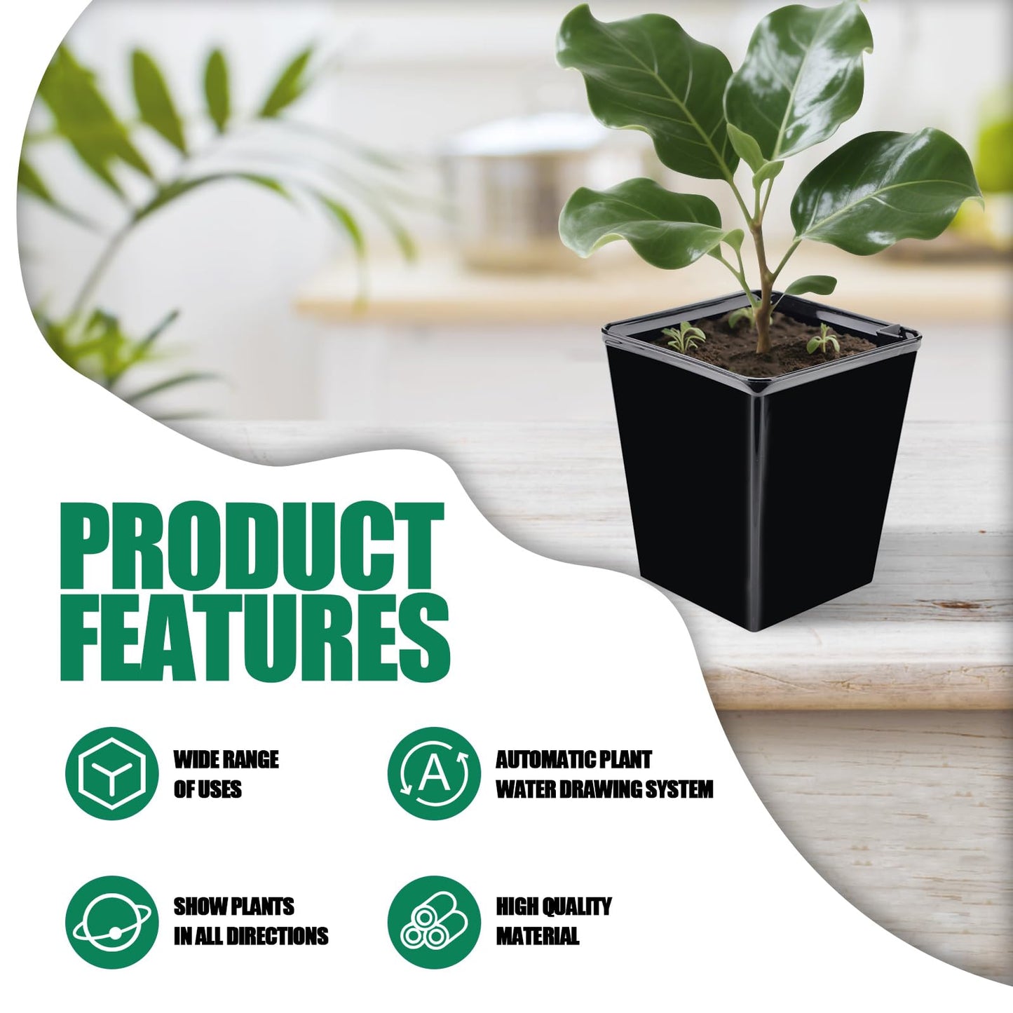YITOBA 3 Sizes Clear Self Watering Pots Set, Small Flower Pots for Indoor Plants with Visible Reservoir and Wick Rope, Plastic Indoor Planter for Seedlings, Orchid African Violet (Black)