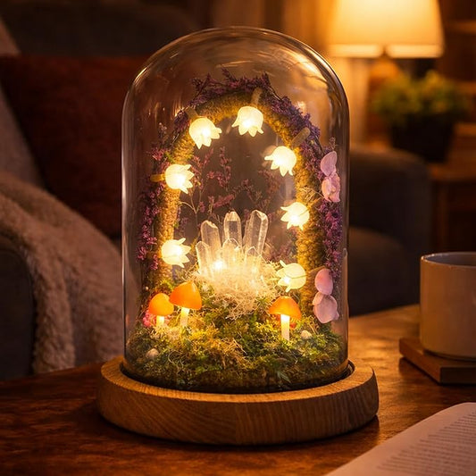 Mushroom Night Light Lamp - Handmade Glass Dome Fairy Light with Solid Wood Base, USB or Wireless, Cozy Aesthetic Bedside Table Decor, Unique Gift | Purple Rain