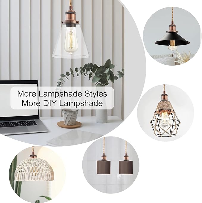 Industrial Mini Pendant Light Kit, E26 Socket Pendant Hanging Light, Hemp Rope Vintage Hanging Pendant Light Cord, Adjustable Pendant Lights Ceiling Mount Kitchen Island Farmhouse