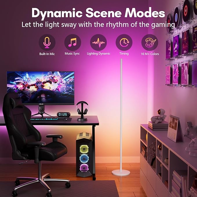 luckystyle Smart RGB Corner Floor Lamp,Bright LED Tall Modern Floor Lamp with APP and Remote,Ambient Lighting Color Changing Standing Lamps with Music Mode and Timing for Living Room,Bedroom White