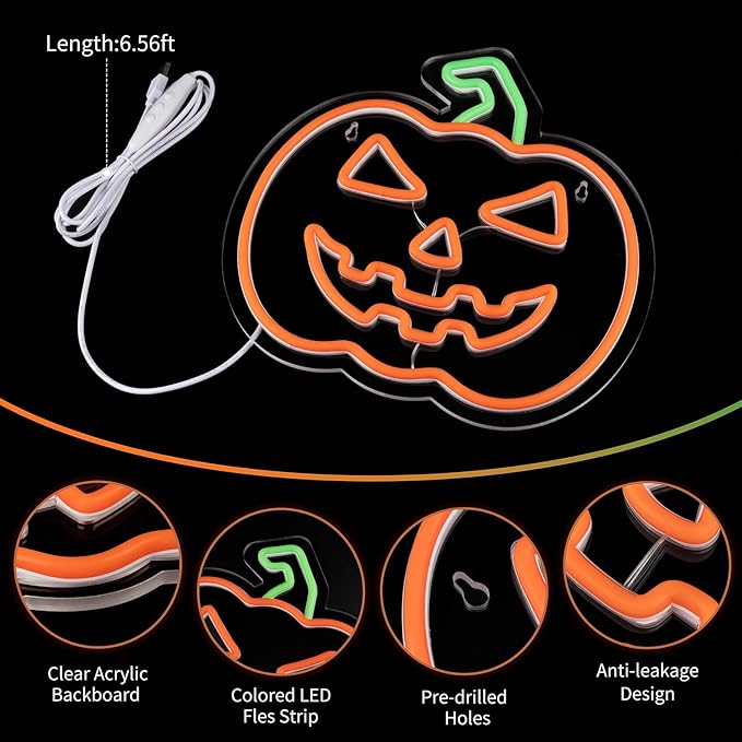 MissAudrey Halloween Light Up Pumpkin Neon Sign, Neon Sign Halloween Window Hanging Lights, Green Orange Acrylic Thanksgiving Art Wall Fall Decor for Home Bedroom Bar Pub Club Party，5V USB Powered