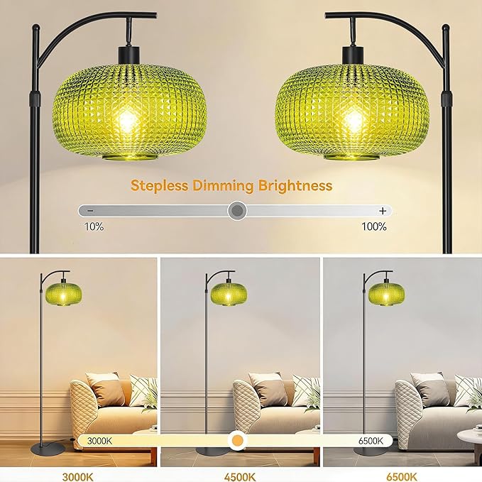 Floor Lamp for Living Room with Green Glass Shade, Modern Standing Lamp with Remote Control, Black Dimmable Tall Lamp for Bedroom Office with 12W LED Bulb