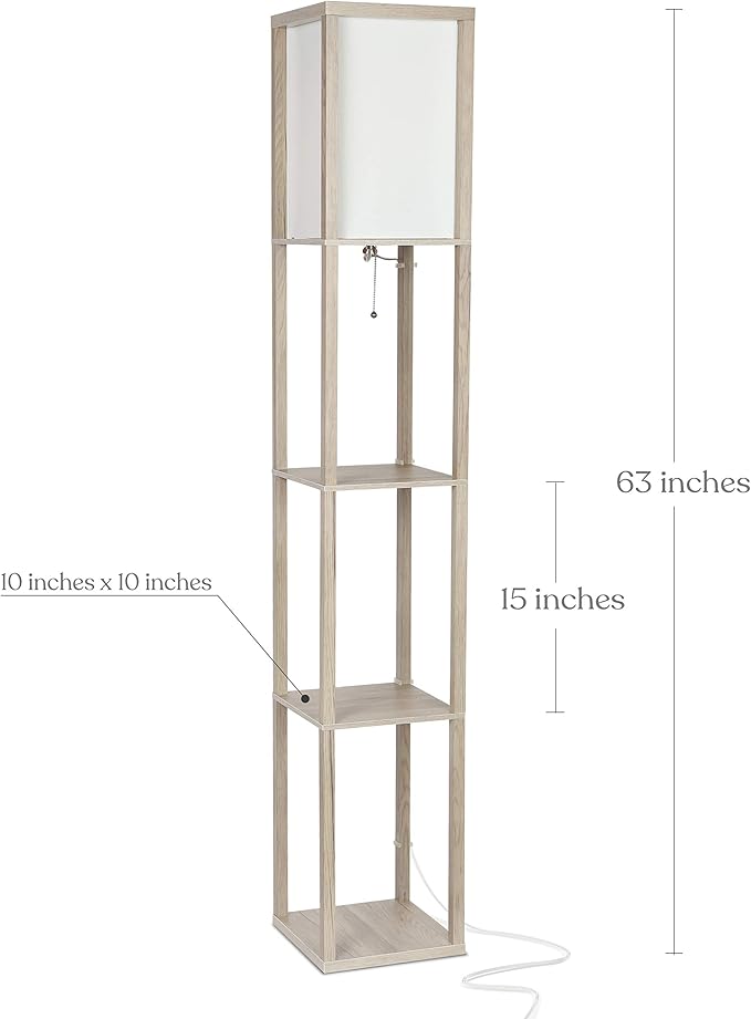 Brightech Maxwell - Modern Shelf Floor Lamp with Lamp Shade & Warm White LED Bulb, Corner Display Floor Lamp with Shelves for Living Room, Bedroom, Nightstand Office, Home Decor Storage - Rustic Wood