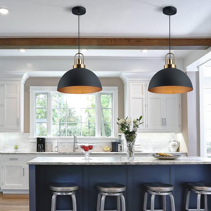 2 Vintage Industrial Pendant Light 13.58 "Dome Black and Gold Chandelier Lighting Brass Socket Chandelier line Length 78.74" Bedroom, Kitchen Island, Porch, Garage, 2 Packages