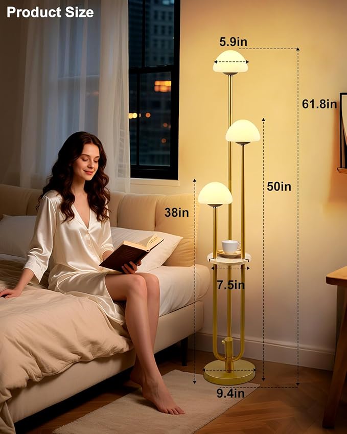 Lightdot Gold Dimmable Floor Lamp with Table, Modern Floor Lamps for Living Room, 3000K Tall Standing Lamp with Mushroom Shades& Bulbs Included for Bedroom/Office//Sofa Beside/Corner Decor