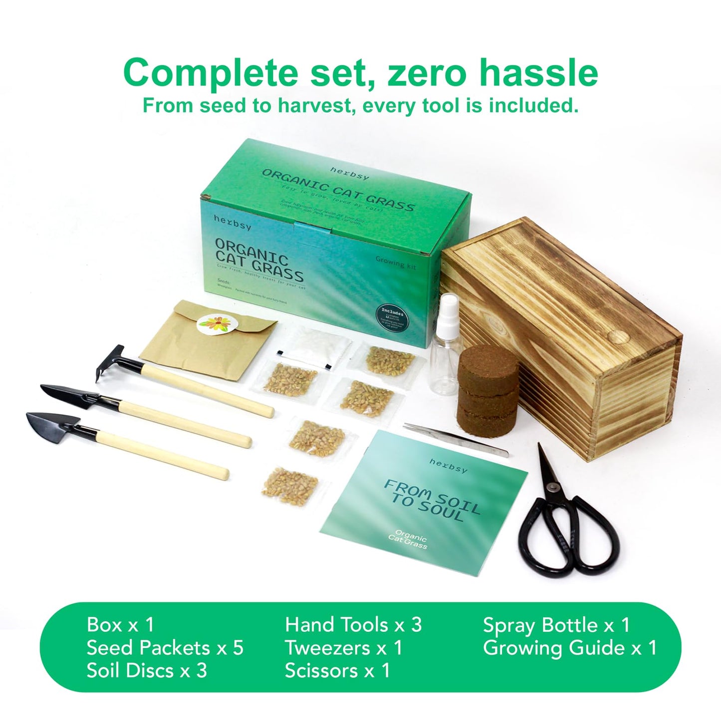 Cat Grass Kit for Indoor Cats, x5 Seed Packs, Complete with Exquisite Wood Planter Soil & Mini Gardening Tools, Good for Pet, Prevents Hairballs, Aids Digestion, Special Gifts for Cat Lovers