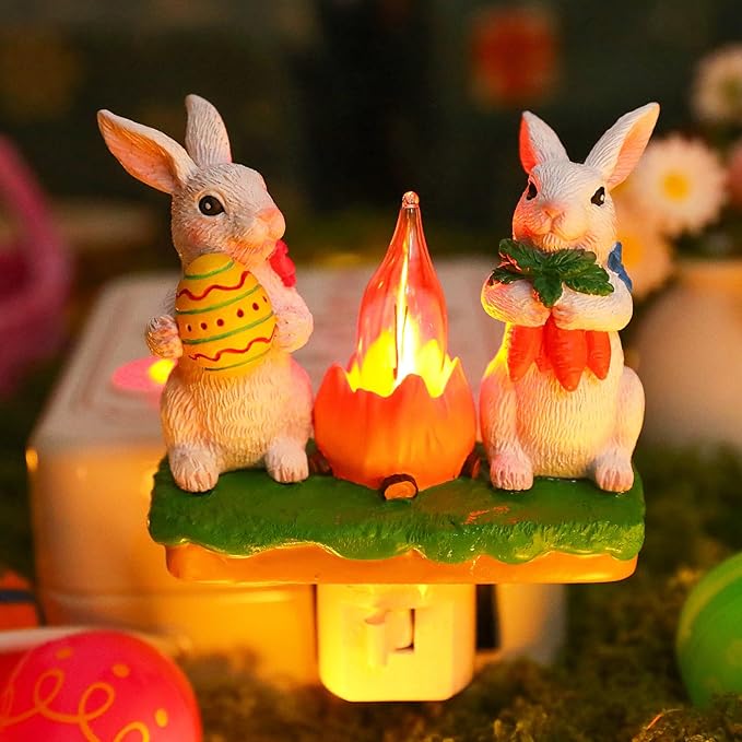 Bunny Campfire Flickering Nightlight, Easter Night Light Plug Into Wall with Switch, Rabbit LED Lamp for Spring Hallway Stair Bedroom Decoration