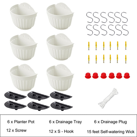 ORIMERC 6 Pcs Plastic Large Wall Plant Pots Vertical Garden Living Wall Mounted Window Hanging Basket Fence Planters Indoor Outdoor for Plants Flowers Kitchen Herbs Holder with Drainage Decor White