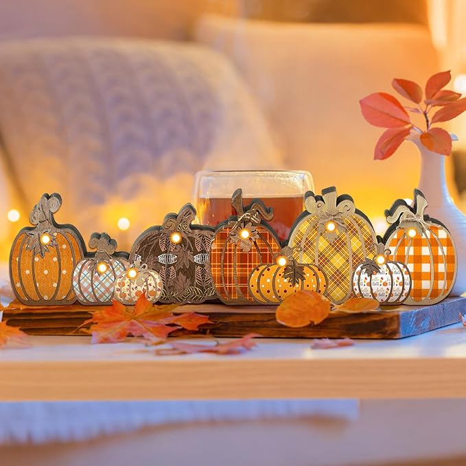 Yousoontic Thanksgiving Fall Pumpkin Decor Table Centerpieces Halloween Wooden Pumpkin Sign Decorations with LED Lights 3D Block Autumn Harvest Farmhouse Fall Decor for Home Mantel Desk Office Party