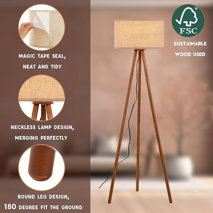 Wood Tripod Floor Lamp for Bedroom, Farmhouse Wooden Floor lamp with 3 Color Temparature LED Bulb for Living Room, Office, Footswitch,ETL Listed/Brown Wood Color