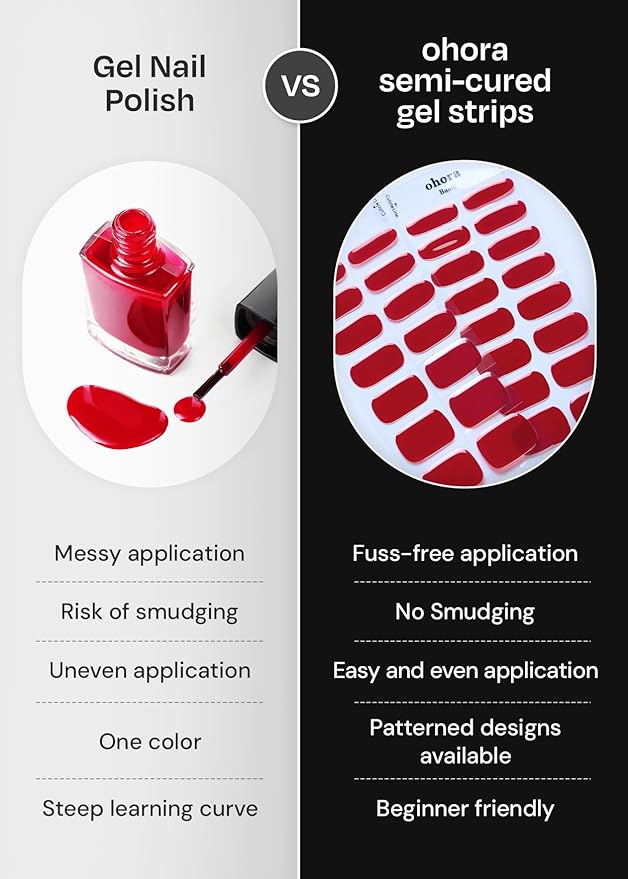 ohora Semi Cured Gel Nail Strips (N Mulberry) - Red, Ombre, Works with Any UV/LED Lamps, Salon-Quality, Long Lasting, Easy to Apply & Remove - Includes 2 Prep Pads, Nail File & Wooden Stick