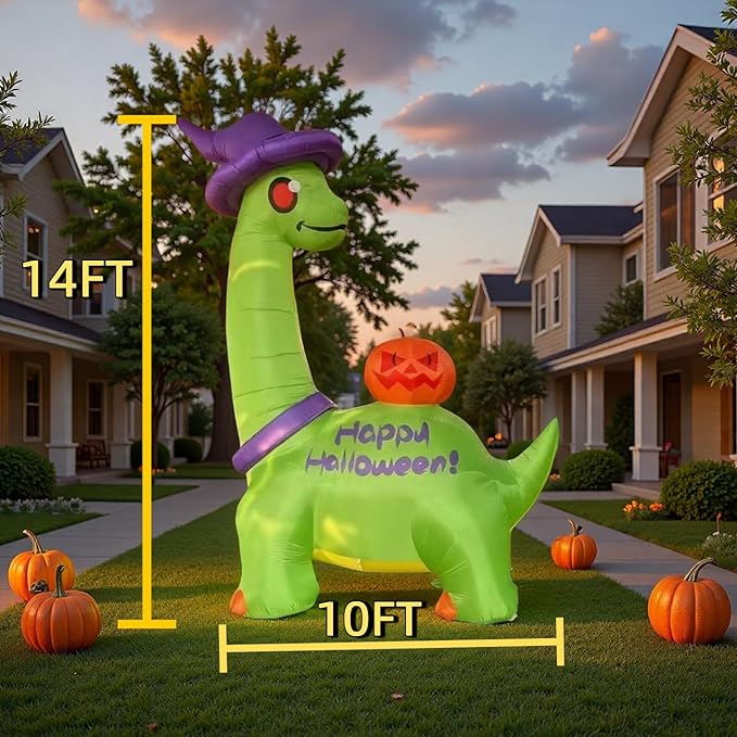 14 FT Halloween Inflatable Dinosaur Decor with Witch Hat & Pumpkin, Giant Lighted Yard Decoration for Outdoor Lawn Garden Party