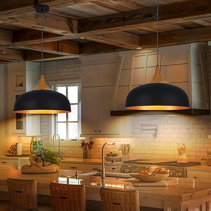 Black Farmhouse Dome Pendant Light 17.7" Large Vintage Pendant Light Fixture Hanging Wooden Pendant Lighting for Kitchen Island Dining Room Living Room Foyer Hallway