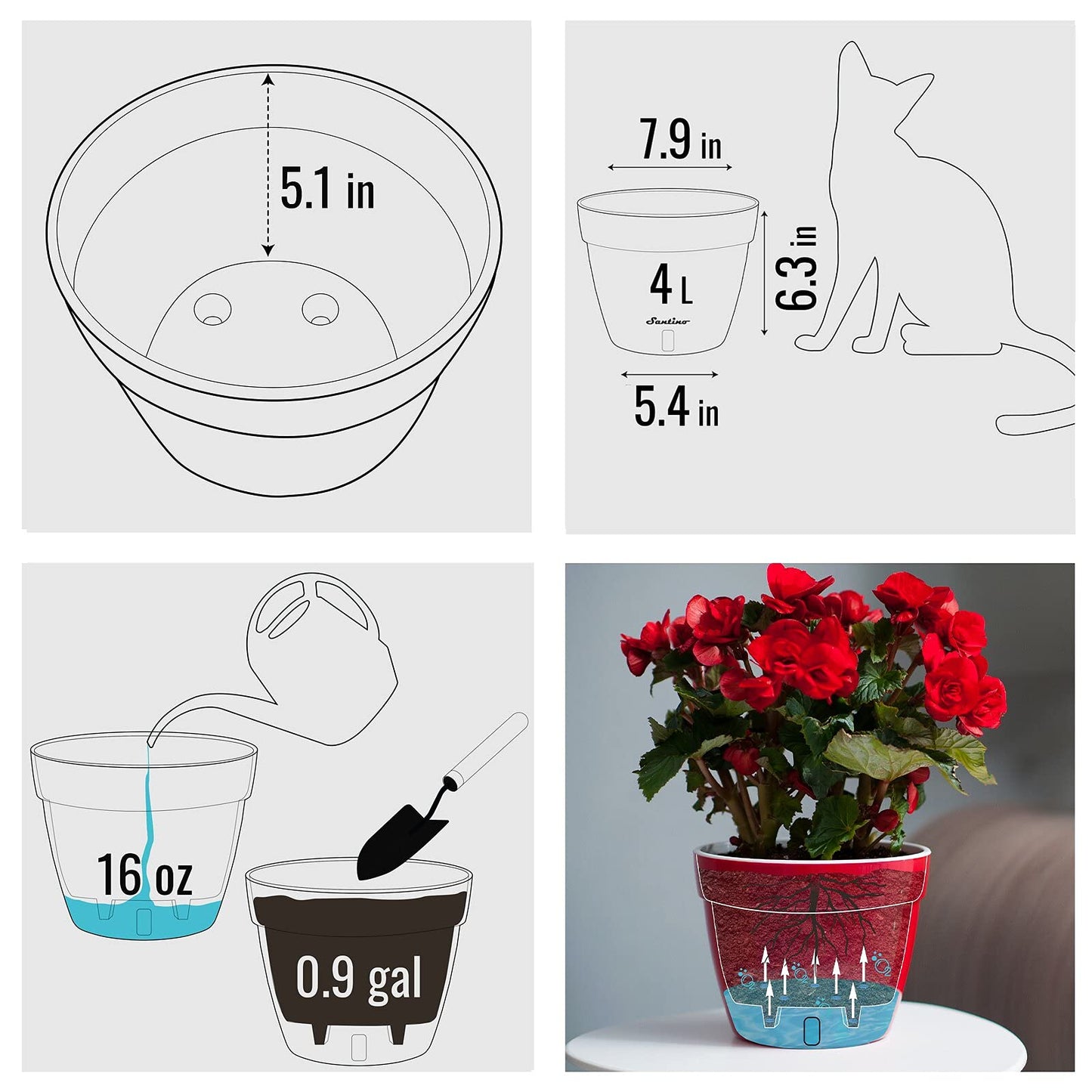 Santino AST 7.9 Inch Self Watering Planter Black-Gold/Black - Set of 3 for Indoor Plants - Premium Quality Plastic Pot with Water Level Indicator for All House Herbs, African Violets and Dahlias