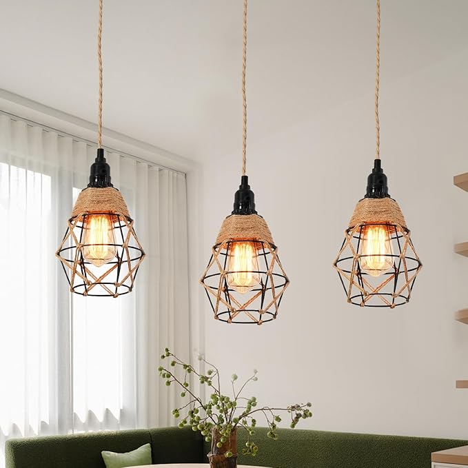3-Light Hanging Light with Plug in Cord,Plug in Pendant Light 22ft Hemp Rope Pendant Lighting Vintage 3-Light Hanging Lamp Fixtures for Kitchen Island Living Room Bedroom