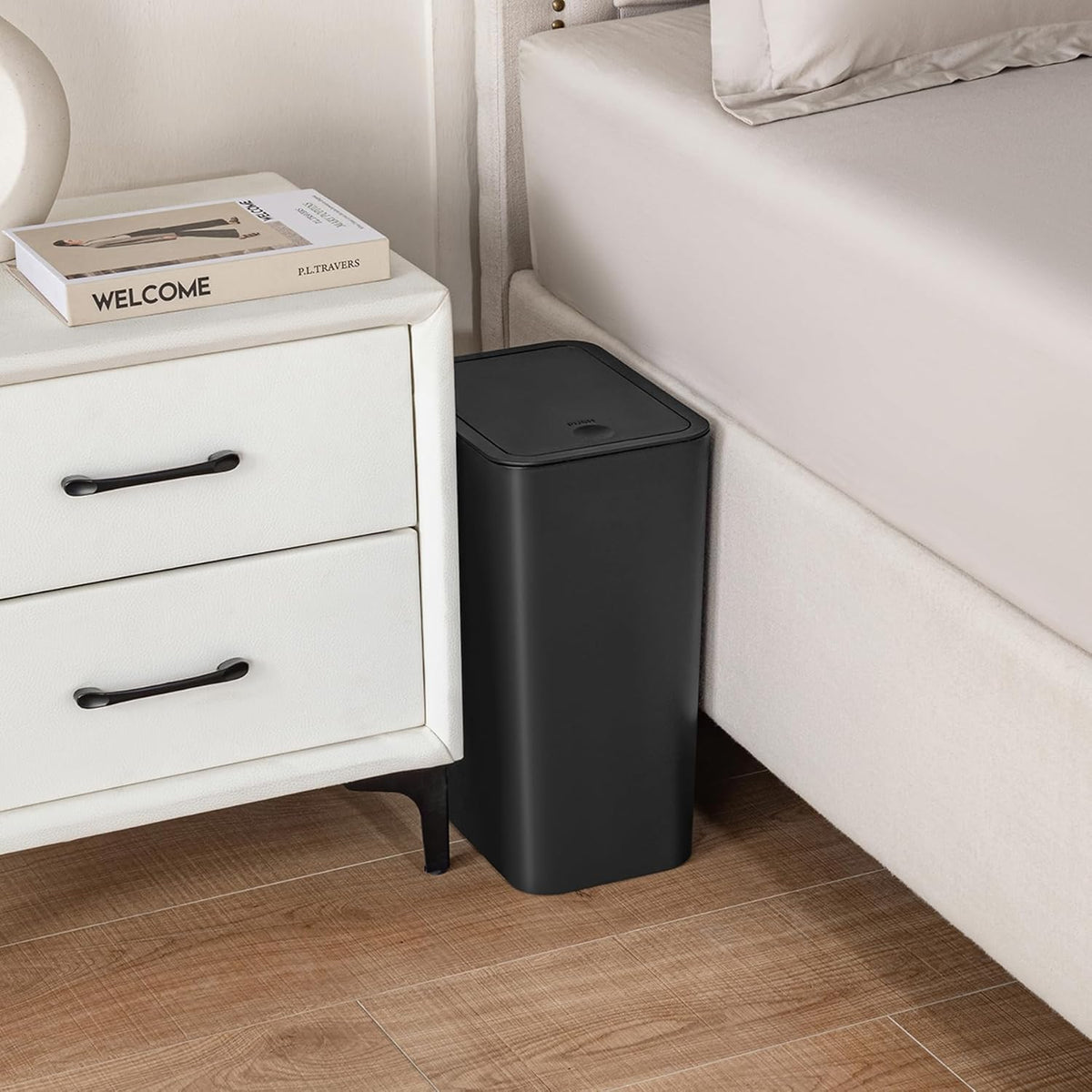 TIPGO Bathroom Trash Can - 4 Gallon Press Top Bin with Pop-Up Lid | Black Plastic Wastebasket for Home or Office