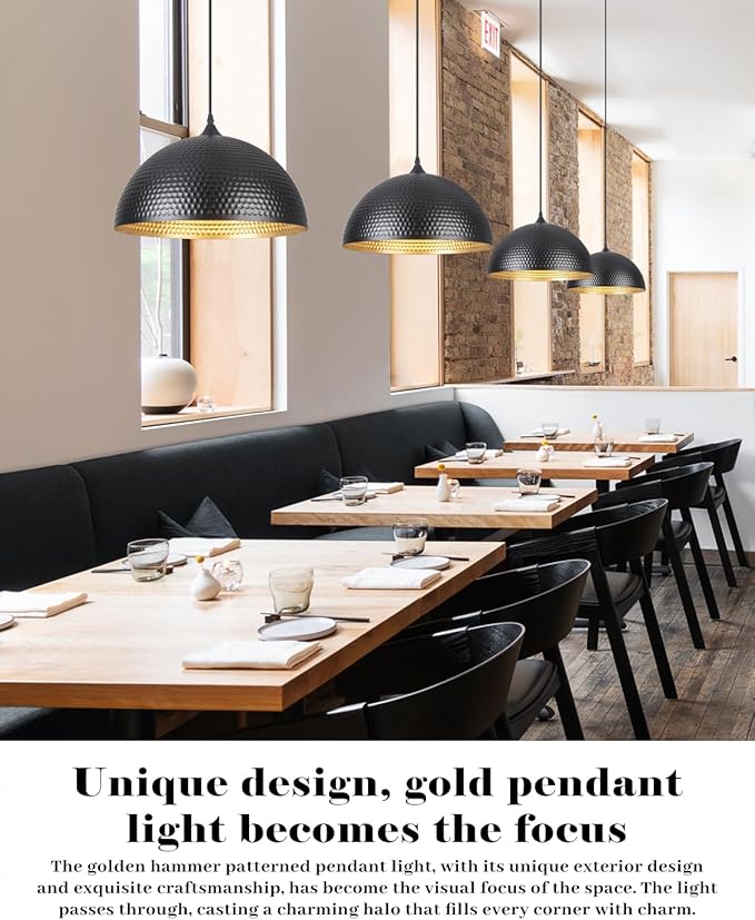 16 inch Black and Gold Pendant Light 2 Pack, Hammered Large Industrial Pendant Lights Kitchen Island, Black Dome Pendant Light for Kitchen Island, Dining Room, Bar