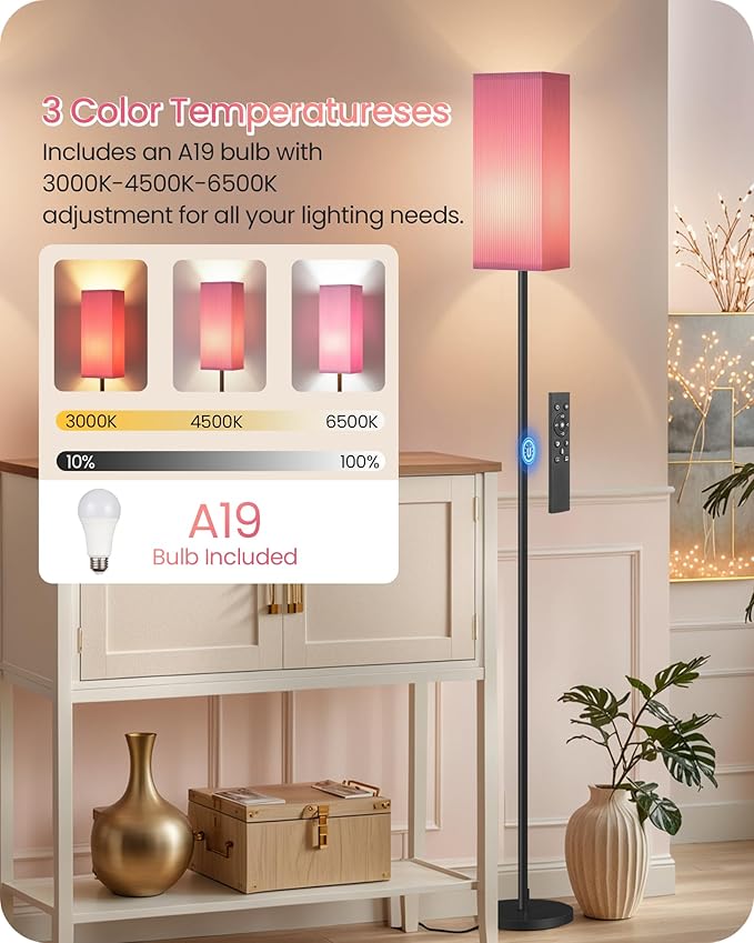 64.2” Dimmable Floor Lamp for Living Room with Remote and Foot Switch, Corner Floor Lamp for Bedroom, Includes 10W A19 Bulb, Modern Standing Tall Lamp, ETL Listed Pink and Black P17LD05