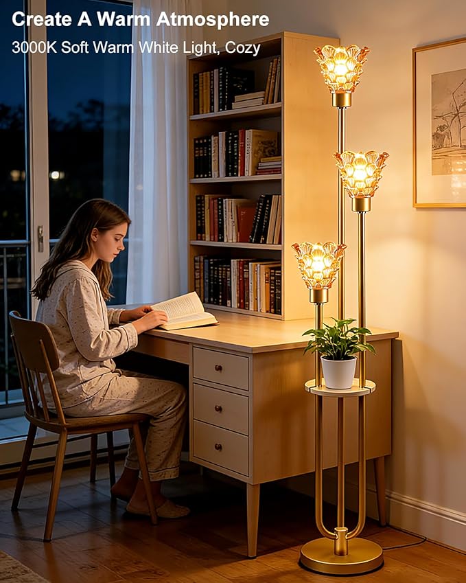 Glass Floor Lamp with Table, 62'' Gold Standing Tall Lamps with Brown Glass Shade, 3000K Warmwhite Mid Century Modern Floor Lamp for Living Room/Bedroom/Sofa Beside/Home Corner