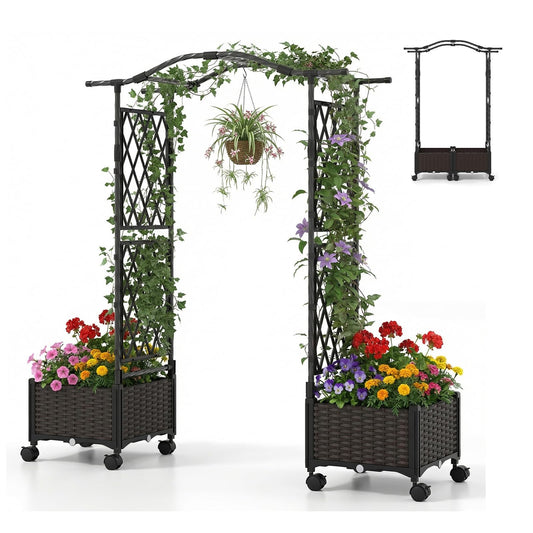 BECOMFORT Planter Box with Arch Trellis, 58”H Self-Watering Tomato Planter w/Wheels, Hanging Roof & Drainage Holes, Outdoor Indoor Raised Garden Bed for Climbing Vines, Perfect for Lawn & Backyard