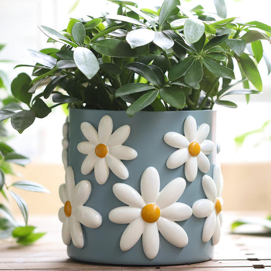 GUGUGO Cute Daisy Flower Pot, Decorative Plant Pots with Drainage Holes, Funny Unique Planters for Indoor Plants, Colorful Succulent Gardening Pot for Boho Modern Home Décor (Blue, 5 Inch)