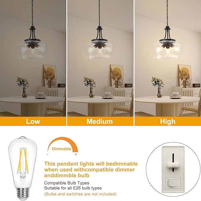 Modern Pendant Lights Kitchen Island, 3-Light Black Pendant Light Fixtures with 14.2" Clear Air Bubble Glass Shade, Industrial Hanging Pendant Lights Fixture for Kitchen Island, Dining Room, Entryway