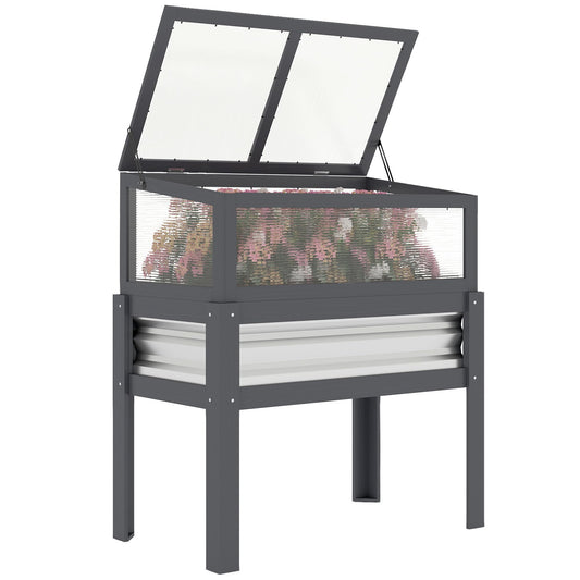 Outsunny Wooden Raised Garden Bed with Flip-Up Greenhouse Top, Raised Garden Bed with Legs and Bed Liner, Elevated Planter Box for Flowers, Vegetables, Herbs, Gray