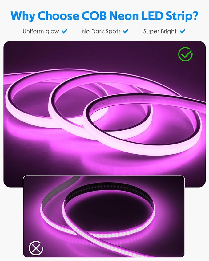 RGB COB LED Strip Light AC 110V 32.8FT Bluetooth Smart APP Remote Control Color Changing Dimmable Flexible RGB Neon Rope Lights 576LEDs/M Outdoor IP67 Waterproof for Bedroom Party Courtyard