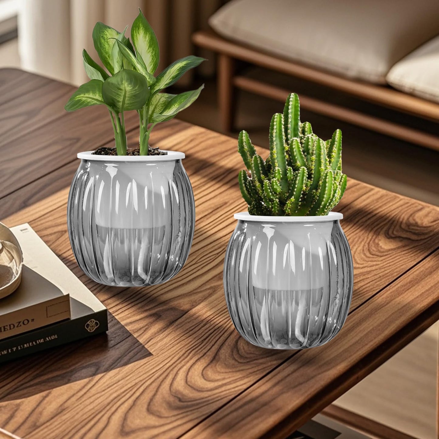 Qhzxcvlk 2 Pack Self Watering Planters Indoor Flower Pots, 5.1 Inch Clear African Violet Pots for Indoor Plants for Flower, Succulents, Plant Pots with Wicking Rope, Modern Decor(Black)