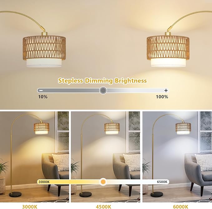 Arc Floor Lamp for bedroom with Rattan & Linen Shades, Gold Floor Lamp with Remote & Dimming Bulb, Rustic Standing Lamp with 3 Color Temperatures, Adjustable Height Farmhouse Tall Lamp for Living Room