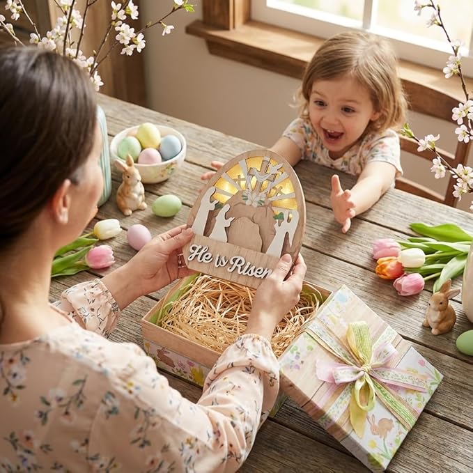 Valery Madelyn Easter Decorations with LED Light, Lighted Empty Tomb Scene and Cross Decoration, Wooden Christian Easter Decor Resurrection Scene for Home Table Shelf, 8.0 inch