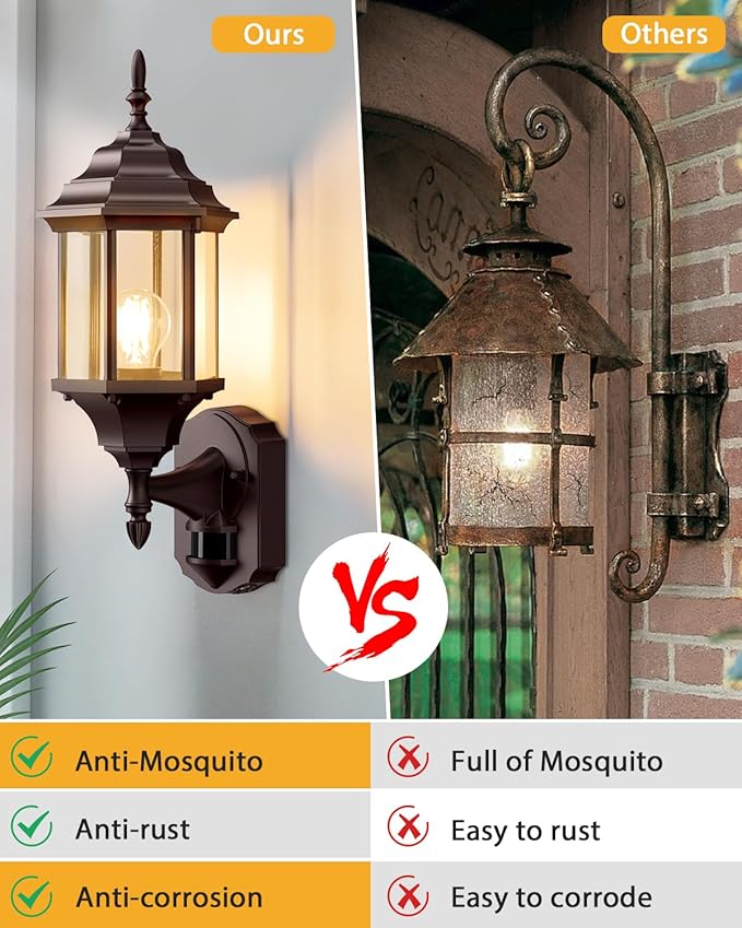 Redluck Motion Sensor Outdoor Lights, 16 inch Dusk to Dawn Outside Porch Lights, Waterproof Anti-Rust Aluminum Outdoor Wall Lights Exterior Lighting Fixtures for House, Garage, Front Door, Brown