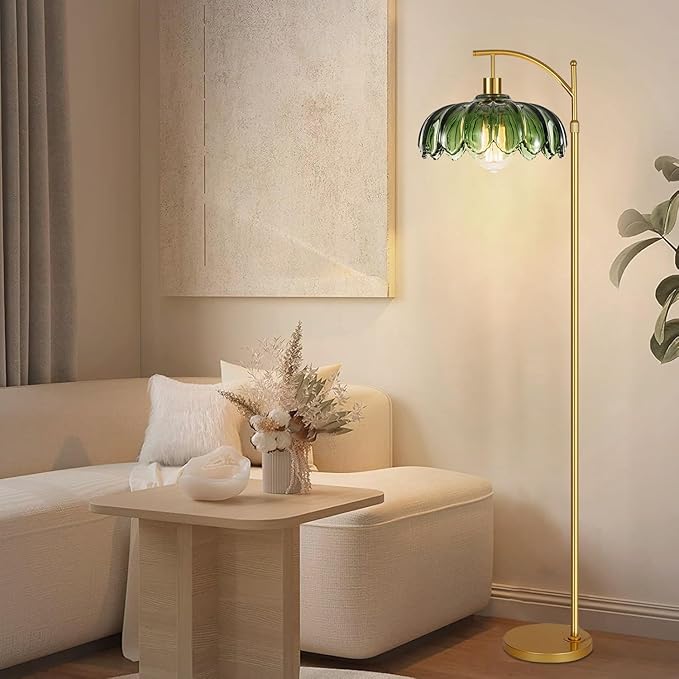 Gold Floor Lamp for Living Room,Bedroom,Mid Century Modern Standing Lamp with Remote,Dimmable Brass Tall Lamp Green Glass Lamp Vintage Retro Arc Floor Lamps Flower Floor Light Boho Bohemian