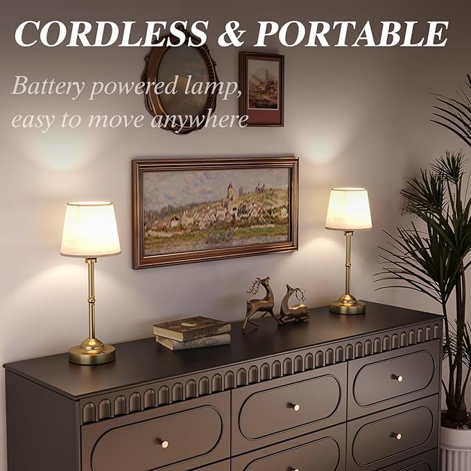 Cordless Table Lamps, 3 Colors Stepless Dimming Fabric Desk Lamp, 6000mAh Rechargeable Battery LED Desk Lamp for Bedroom, Camping, Dining, Bar, Night Light, Desk, Cafe