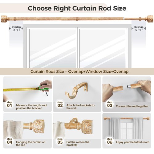 Boho Wood Curtain Rods for Windows 48 to 84 Inch, 1" Diameter Adjustable Heavy Duty Curtain Rod with Imitation Wooden Grain Leaf Pattern Finials, Rustic Decorative Drapery Rods, Size 32"-90"
