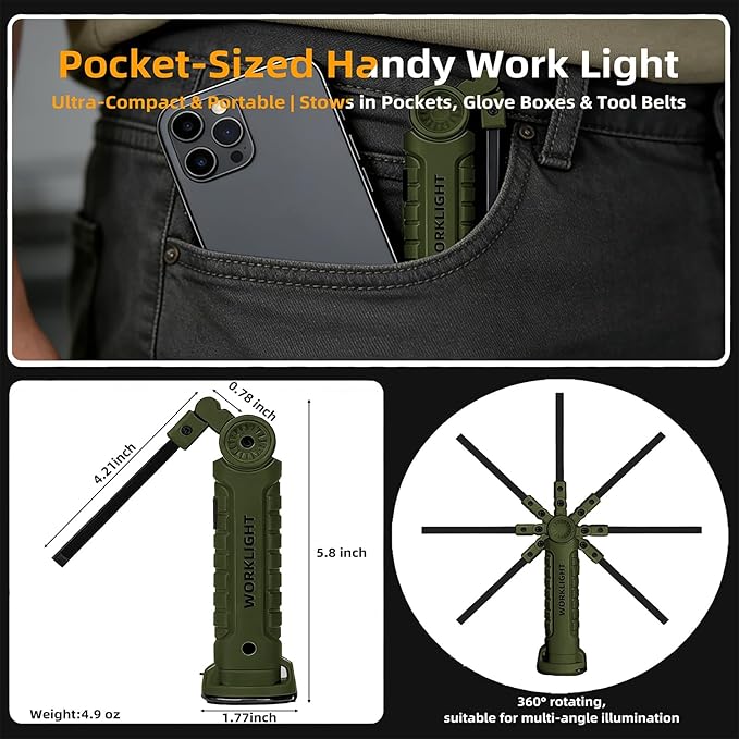 LED Work Light Rechargeable Flashlight, Easter Tool Gifts for Men Boyfriends Him Husband Mechanic Torch Grill Light Inspection Lamp Magnetic Base 5 Modes 360° Rotate Car Emergency Repair Green 4PCS