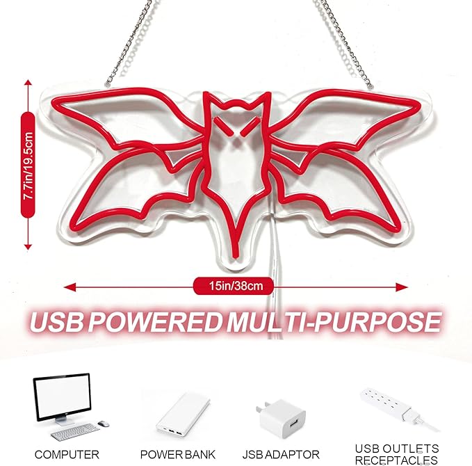 Flying Bat Neon Sign – Halloween LED Wall Light for Gothic Room, Witchcraft Decor, Horror Party, Bedroom & Bar Wall Art, 15" x 7.7"
