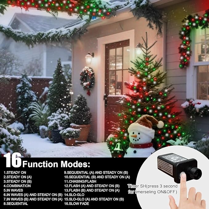 LAMPHOME Red Green White Christmas String Lights, 300 LED 99 FT Connectable Waterproof String Lights Transparent Wire with16 Modes, Xmas Vintage Decorations for Indoor Outdoor Party Yard Garden Decor