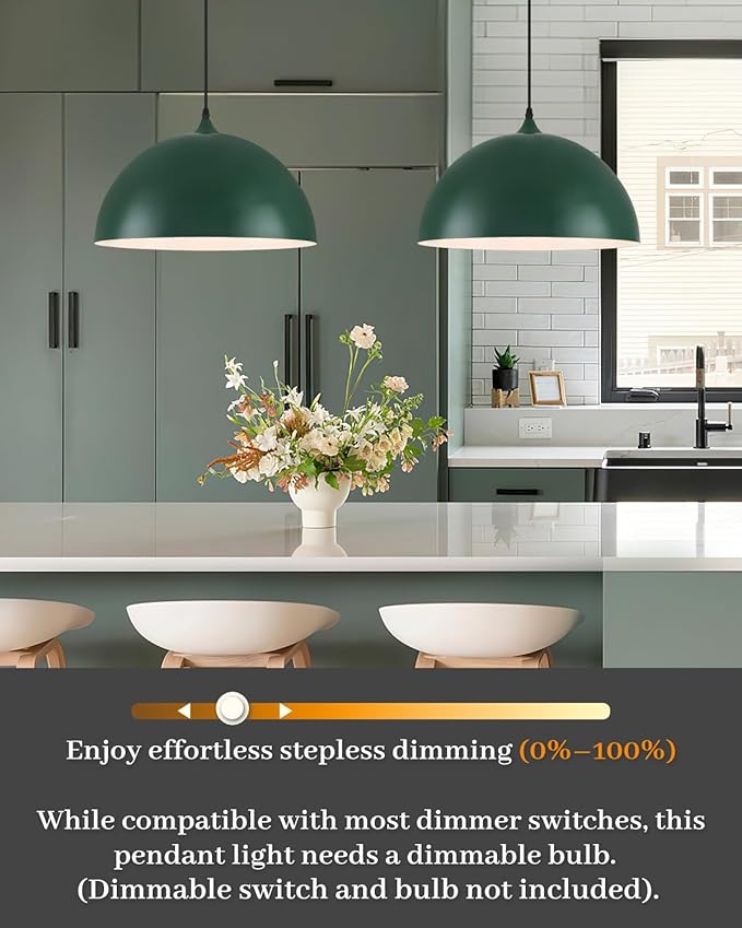 Green Pendant Lights Kitchen Island, 16 Inch Large Pendant Lights Kitchen Island, Large Dome Pendant Light, Modern Farmhouse Pendant Light for Kitchen Island, Dining Room, Cafe, Bar, 2 Pack