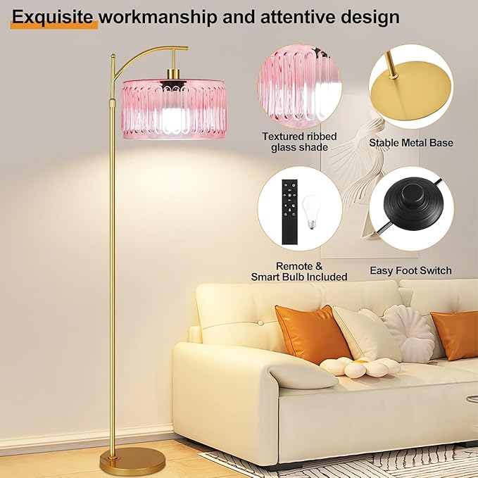 Pink Floor Lamp for Living Room,Bedroom,Gold Dimmable Standing Lamp with Remote,Mid Century Modern Brass Tall Lamp Boho Floor Lamps Arc Stained Glass Flower Floor Light Lamp Girls kids Bohemian
