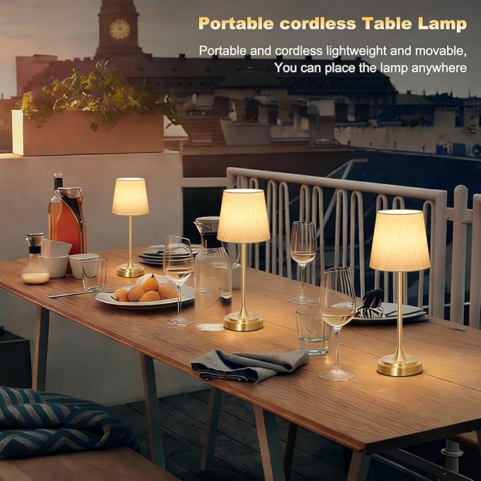 Cordless Table Lamp Rechargeable,5000mAh Battery Operated Desk Lamp,3 Colors & 7 RGB Stepless Dimmable,Touch Control Ambient Light for Bedside,Bedroom,Dining Room,Living Room,Gold,FlaxenShade